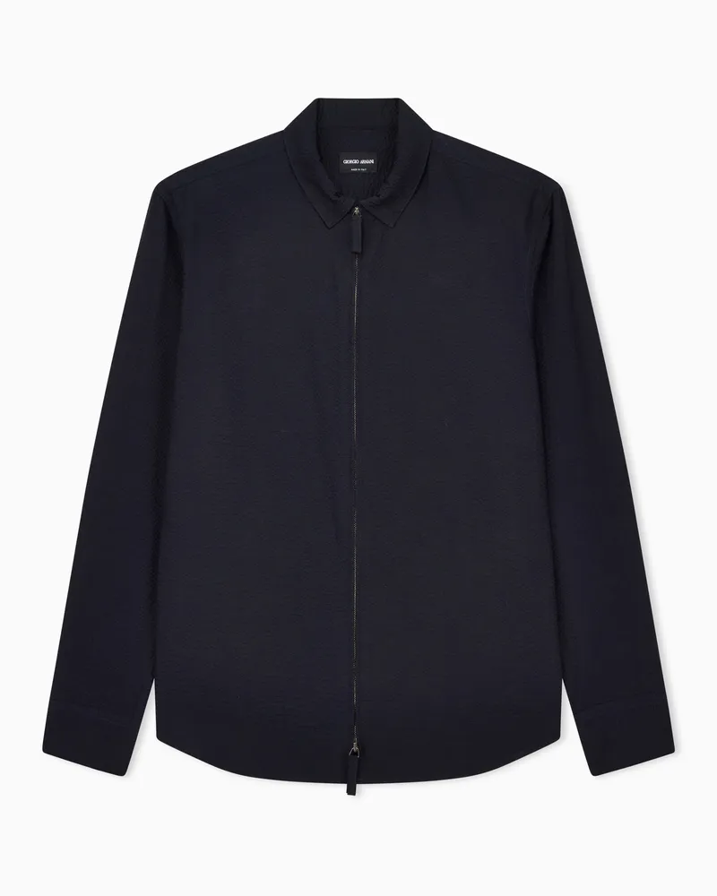 Giorgio Armani Hemd in Slim Fit mit Reißverschluss aus Seersucker-Baumwolle Marineblau