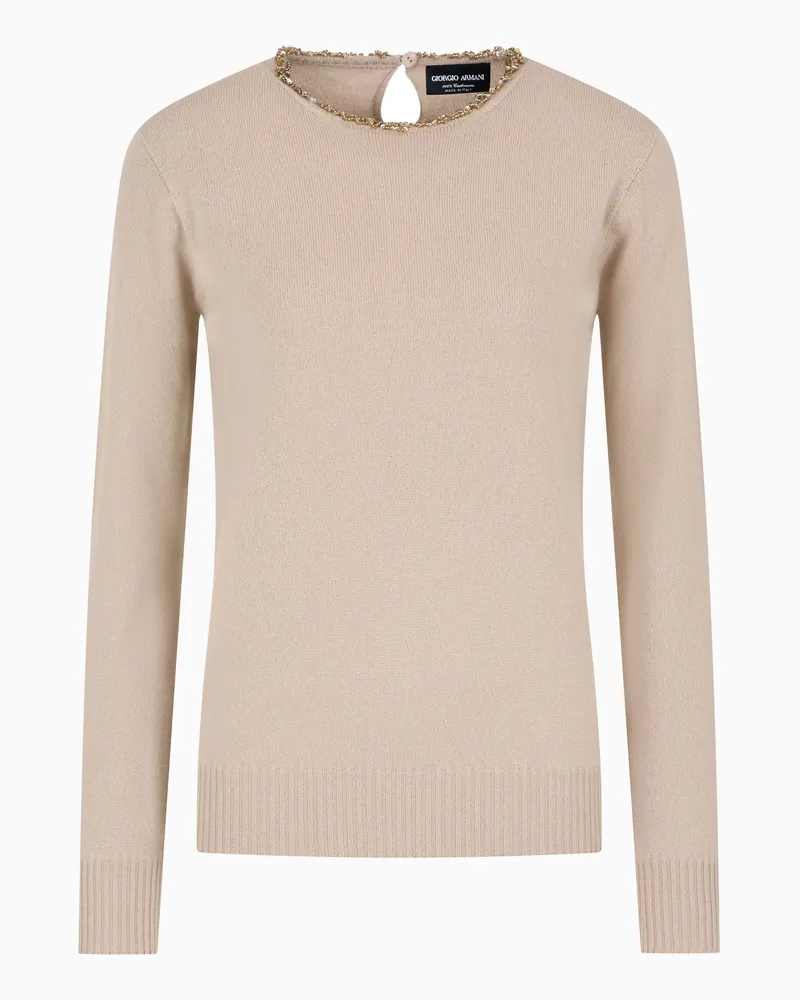 Giorgio Armani Rundhalspullover aus Kaschmir mit Stickerei Beige
