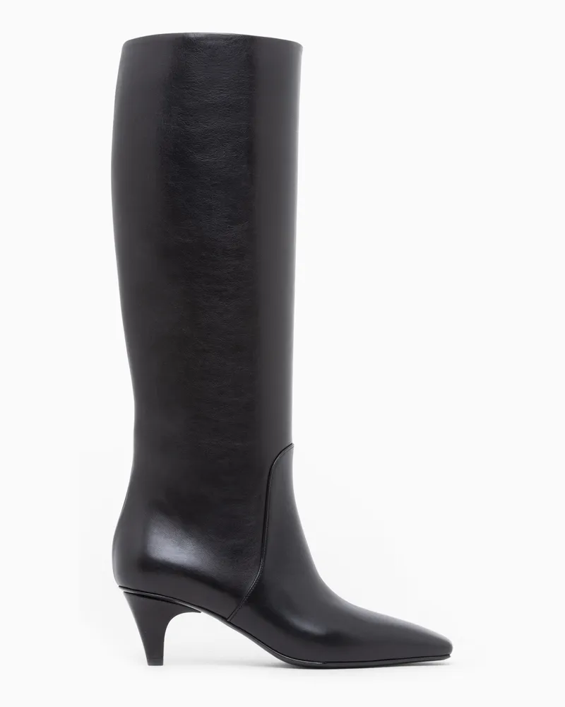 Giorgio Armani Kniehohe Glattlederstiefel mit spitzer Kappe und Absatz Schwarz