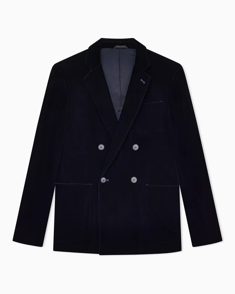 Giorgio Armani Doppelreihige Jacke aus einfarbigem Stretchsamt Marineblau