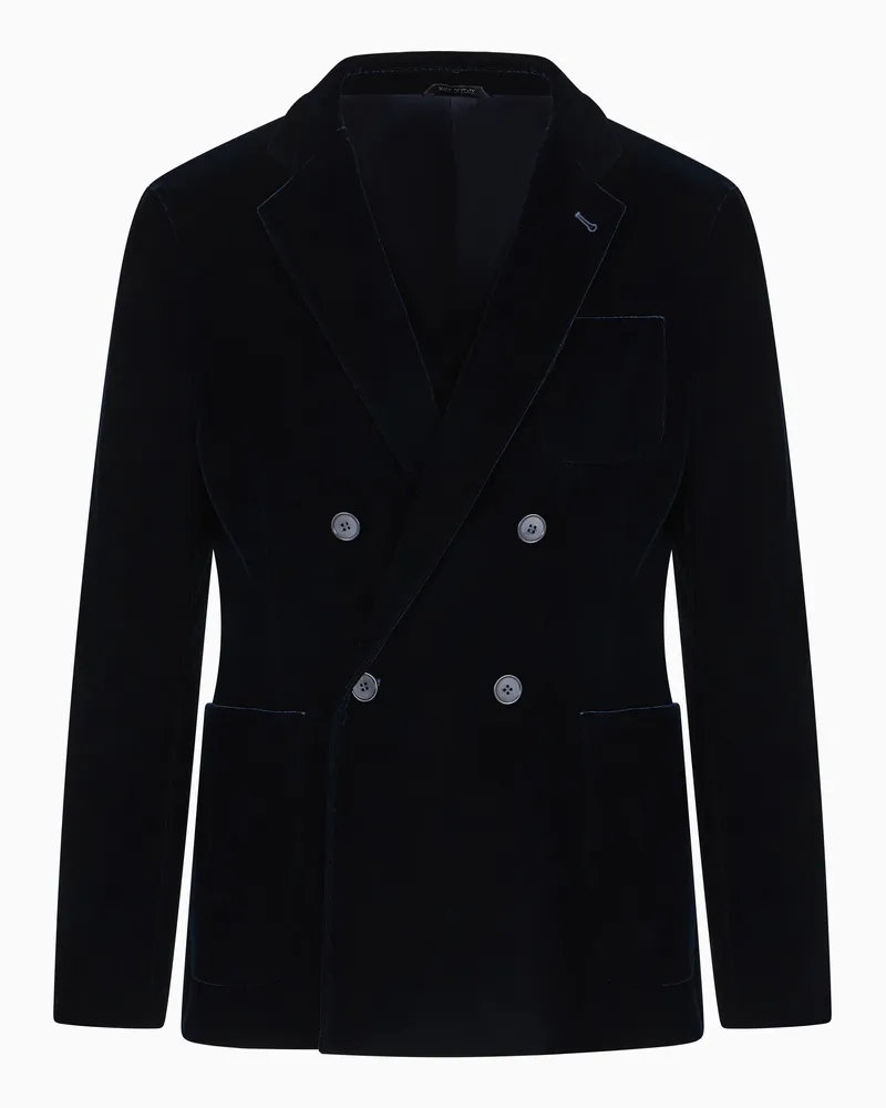 Giorgio Armani Doppelreihige Jacke aus einfarbigem Stretchsamt Marineblau