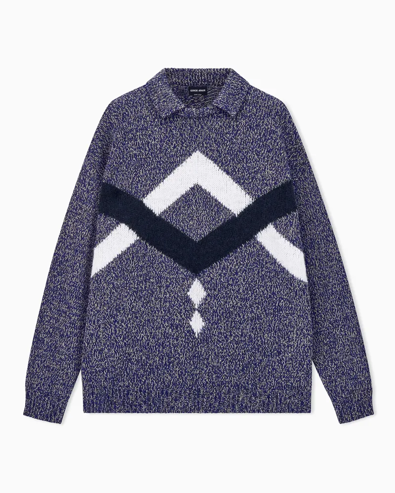 Giorgio Armani Strickpullover mit Alpakaanteil Kragen und Intarsienmuster Marineblau