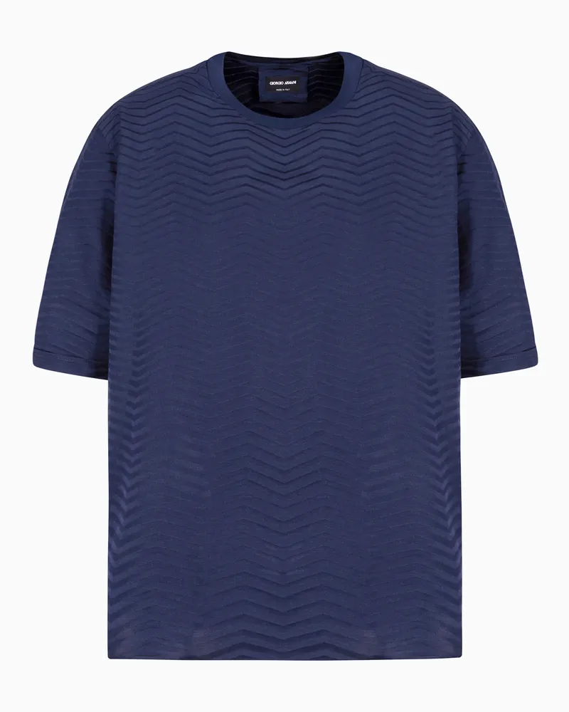 Giorgio Armani T-Shirt-Hemd aus Seide und Viskose mit Degradé-Färbung und Fischgrat-Muster in Jacquard-Stoff-Verarbeitung Blau