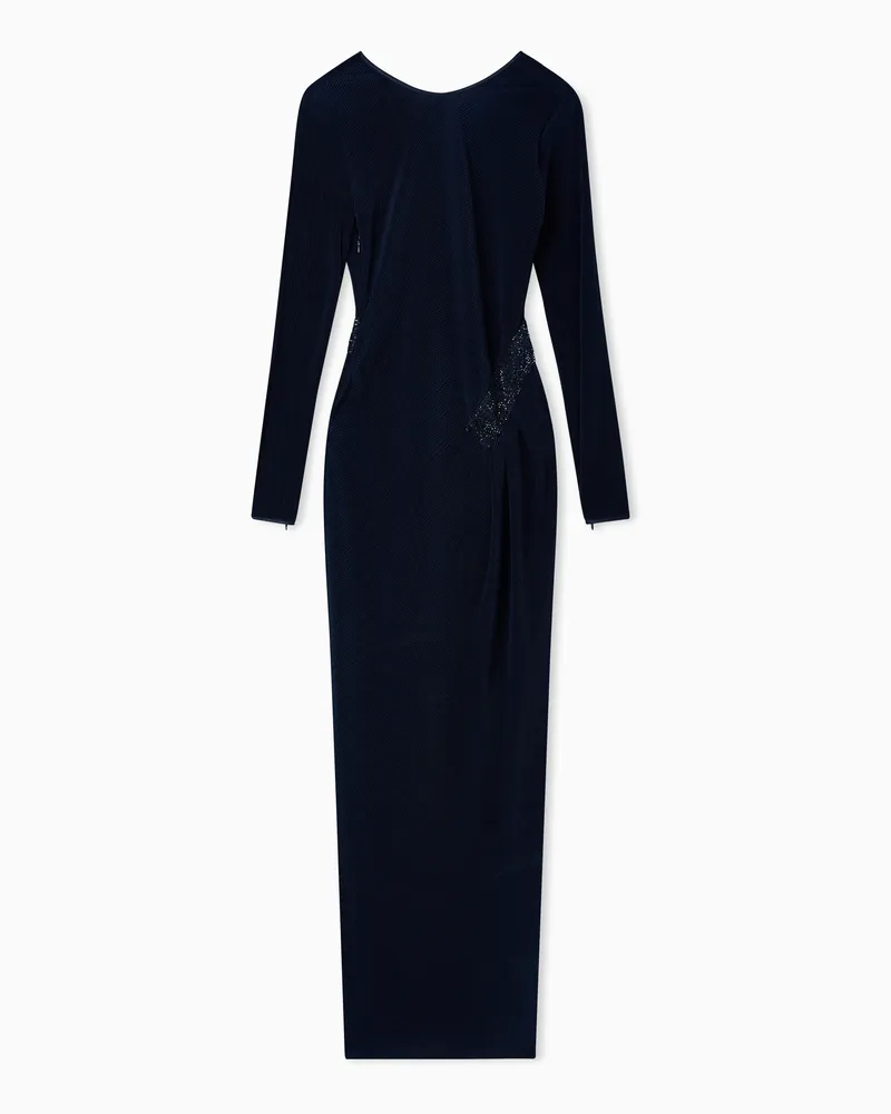 Giorgio Armani Langes Kleid aus plissiertem Stretchjersey Blau