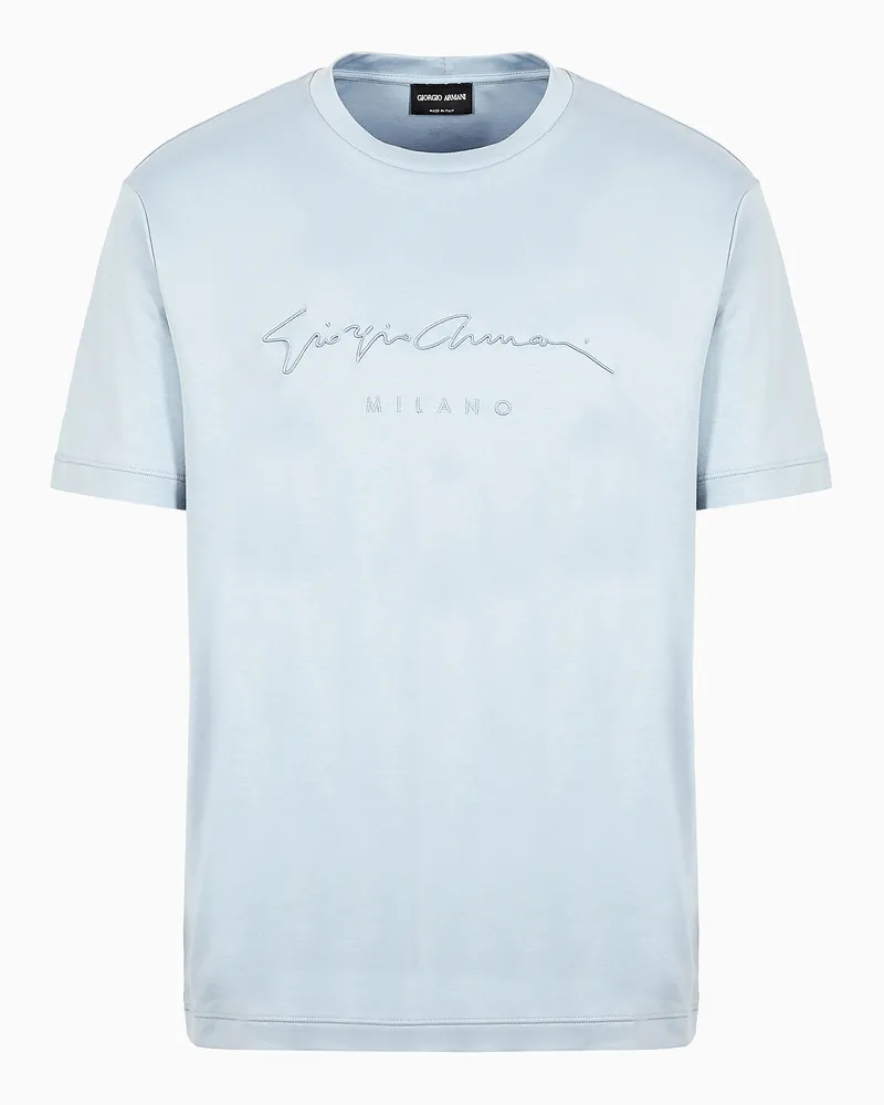 Giorgio Armani T-Shirt aus reiner Interlock-Baumwolle mit Logo-Schriftzug Hellblau