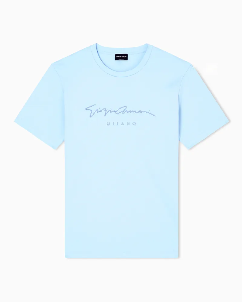 Giorgio Armani T-Shirt aus reiner Interlock-Baumwolle mit Logo-Schriftzug Hellblau