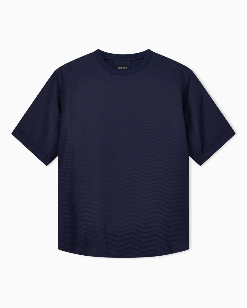 Giorgio Armani T-Shirt-Hemd aus Seide und Viskose mit Degradé-Färbung und Fischgrat-Muster in Jacquard-Stoff-Verarbeitung Marineblau