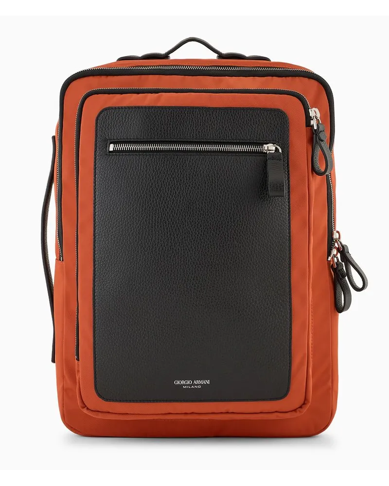 Giorgio Armani Asv Rucksack Aus Nylon und Vollnarbigem Leder Orange