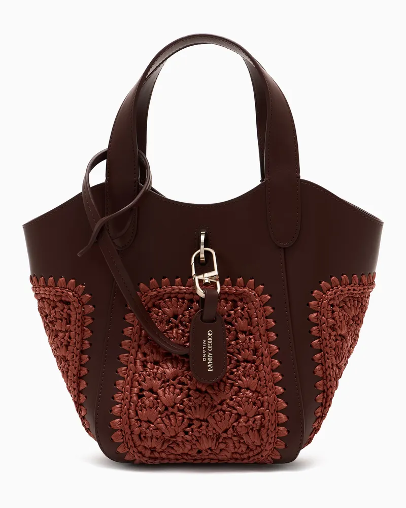 Giorgio Armani Kleine Handtasche aus Leder und Raffiabast in Fächerstich-Verarbeitung Orange