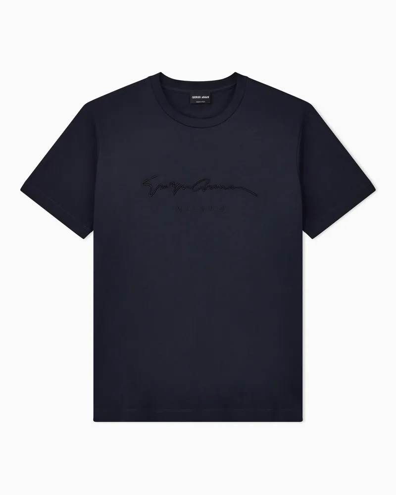 Giorgio Armani T-Shirt aus reiner Interlock-Baumwolle mit Logo-Schriftzug Marineblau