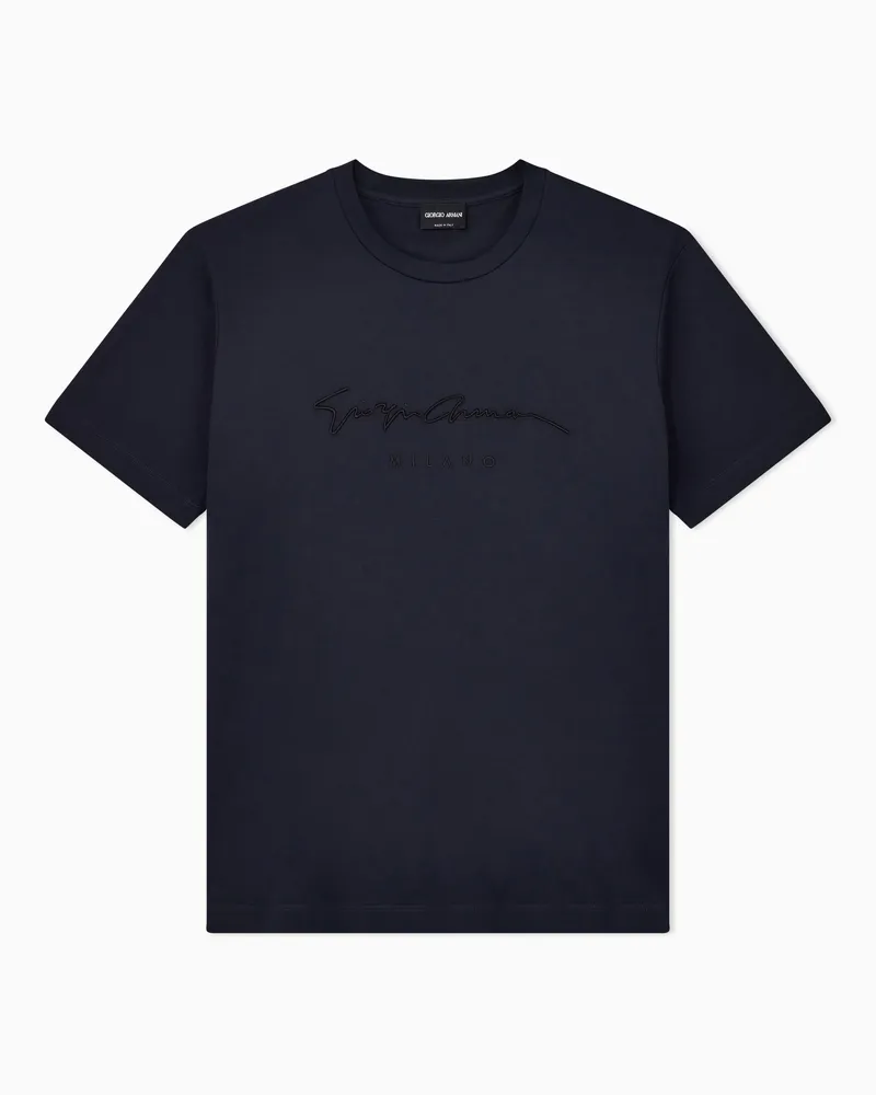 Giorgio Armani T-Shirt aus reiner Interlock-Baumwolle mit Logo-Schriftzug Marineblau