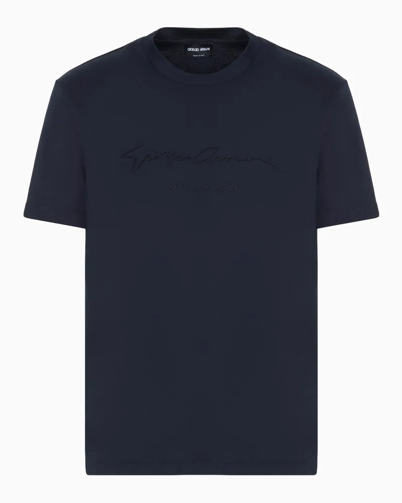 Giorgio Armani T-Shirt aus reiner Interlock-Baumwolle mit Logo-Schriftzug Marineblau