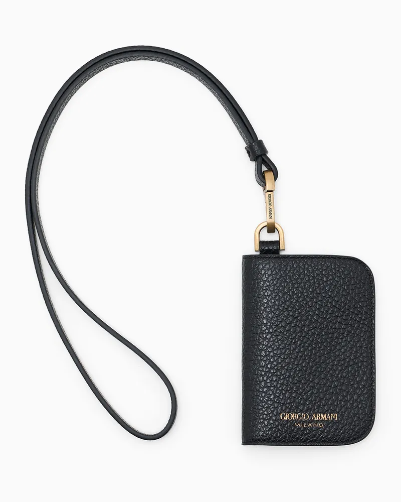 Giorgio Armani Kartenetui aus genarbtem Leder mit Umhängeband Schwarz