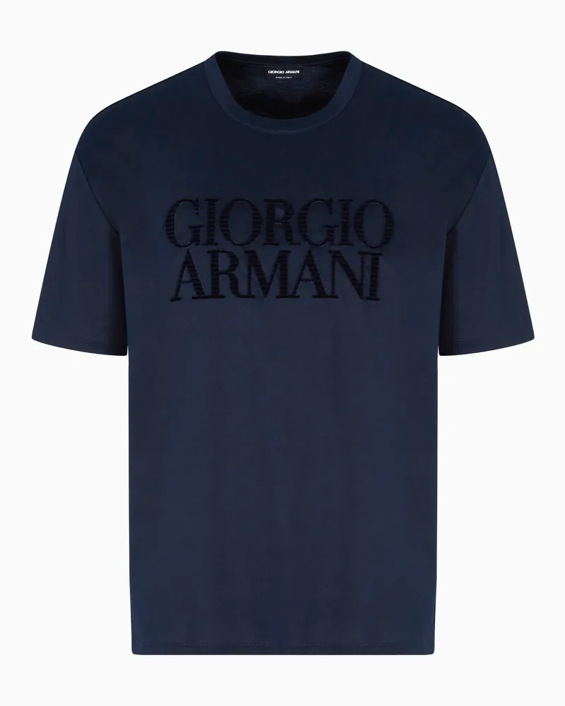 Giorgio Armani T-Shirt aus Interlock-Baumwolle mit Logostickerei Blau