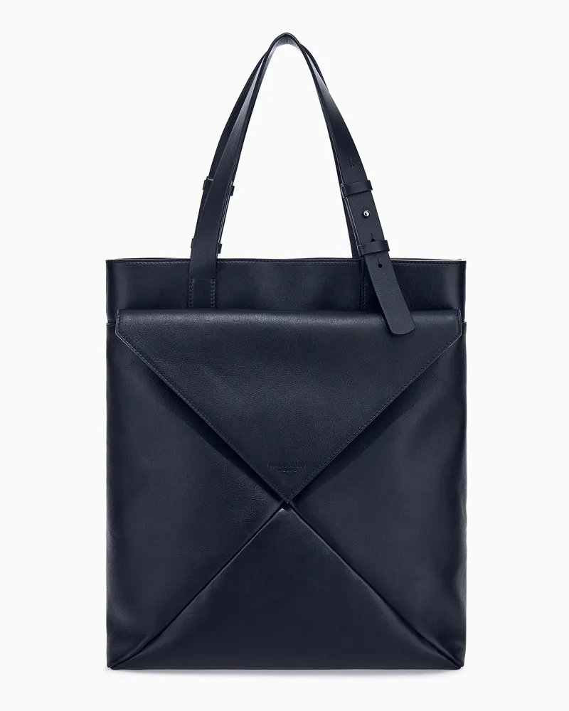 Giorgio Armani Vertikaler Shopper aus glattem Leder mit Mosaik-Effekt Schwarz