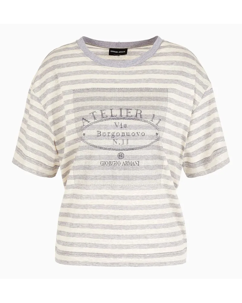 Giorgio Armani Atelier 11 T-shirt Aus Baumwoll- und Leinenjersey mit Streifen Gestreift