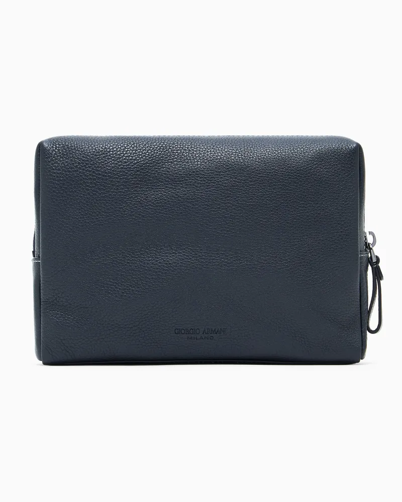 Giorgio Armani Großes Beauty Case aus genarbtem Kalbsleder Marineblau