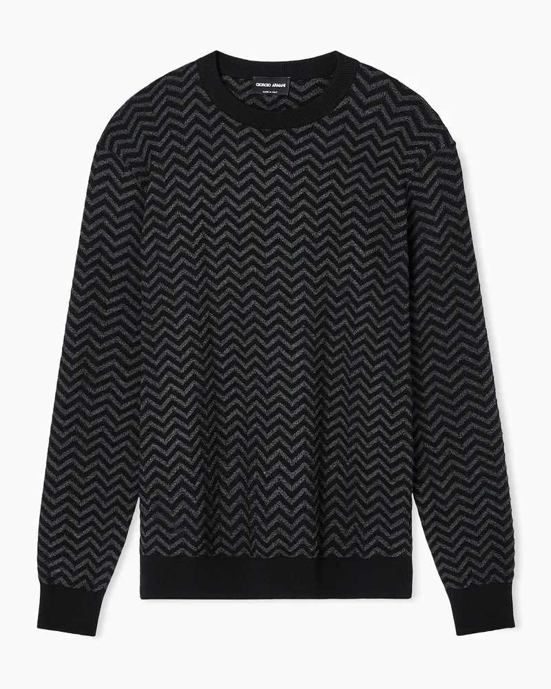 Giorgio Armani Pullover mit Rundhalsausschnitt aus Schurwolle mit Fischgrat-Muster und Vanisé-Effekt Schwarz