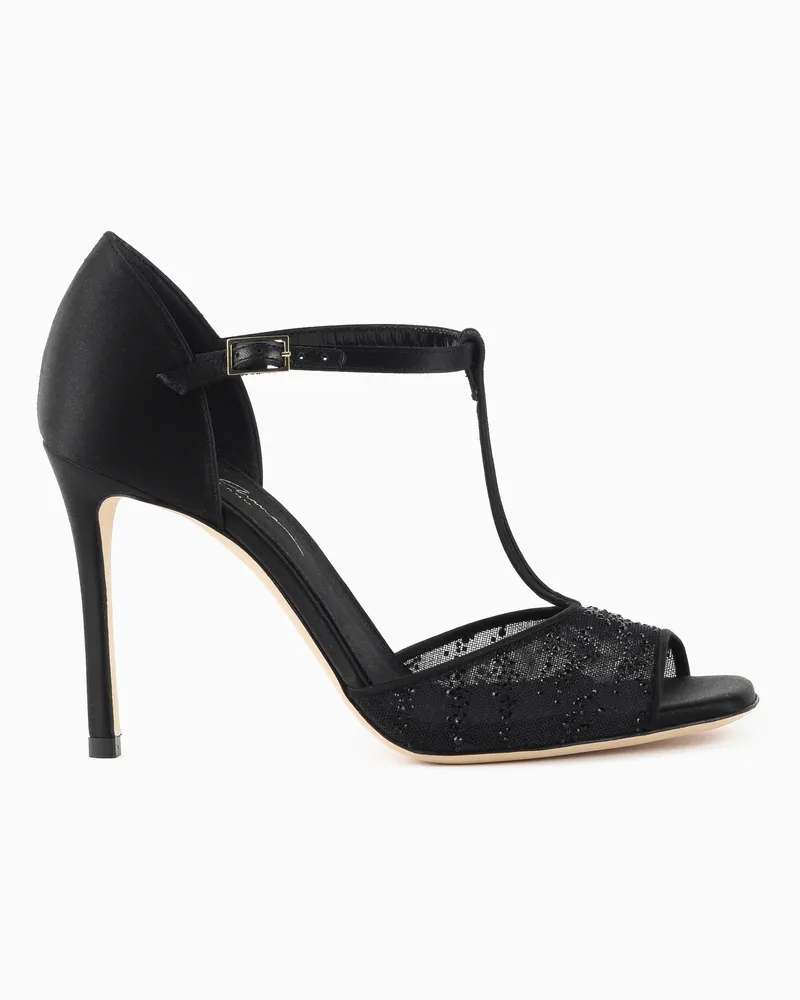 Giorgio Armani T-Steg-Sandale aus Mesh und Strasssteinen Schwarz