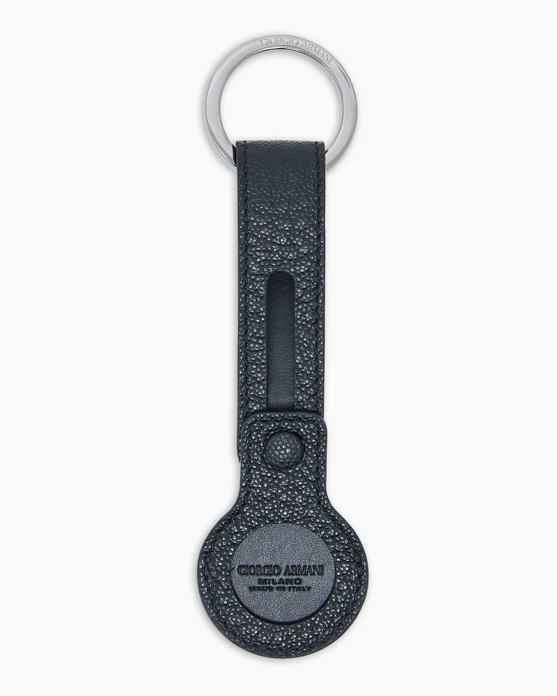 Giorgio Armani Schlüsselanhänger mit AirTag-Halter, gefertigt aus genarbtem Kalbsleder Schwarz