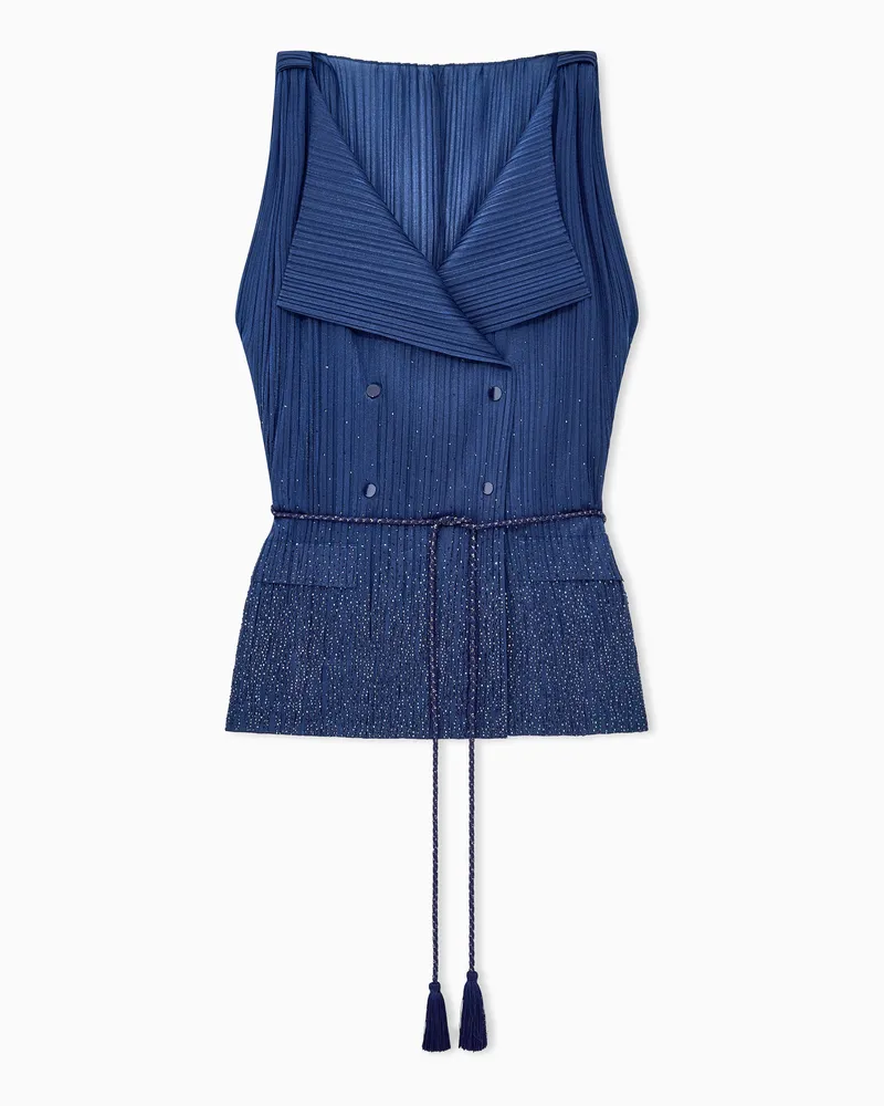 Giorgio Armani Doppelreihige Weste aus plissiertem Jersey mit Strass Blau