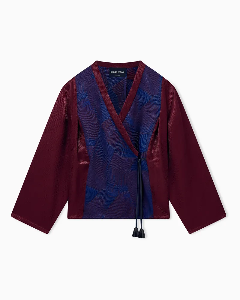 Giorgio Armani Kimonobluse aus strukturiertem Seidenjacquard mit Quasten Burgunderrot
