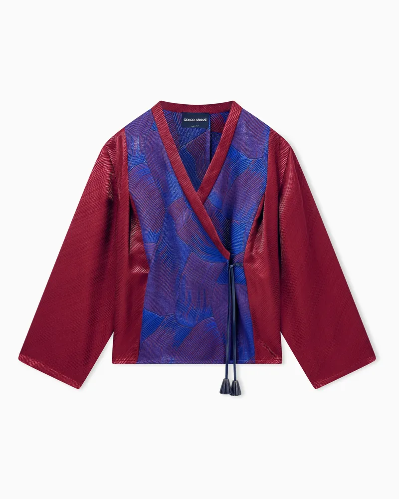 Giorgio Armani Kimonobluse aus strukturiertem Seidenjacquard mit Quasten Burgunderrot