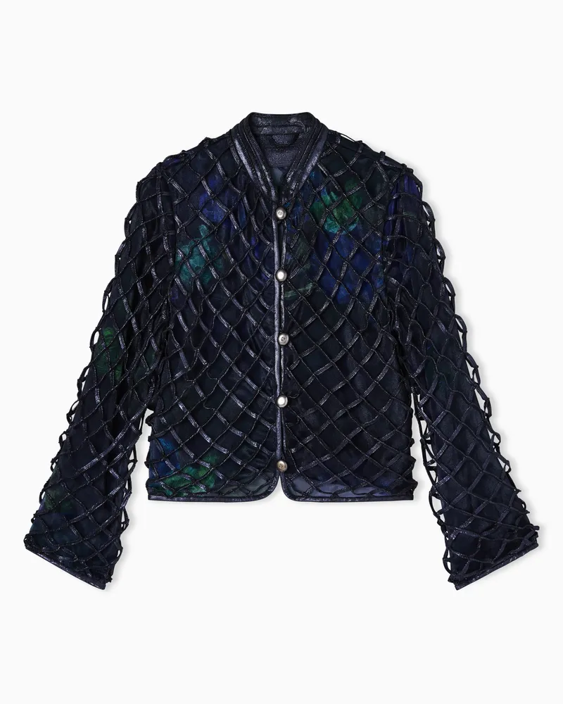 Giorgio Armani Jacke aus schimmerndem, geflochtenem Nappaleder und bedruckter Seide Grün