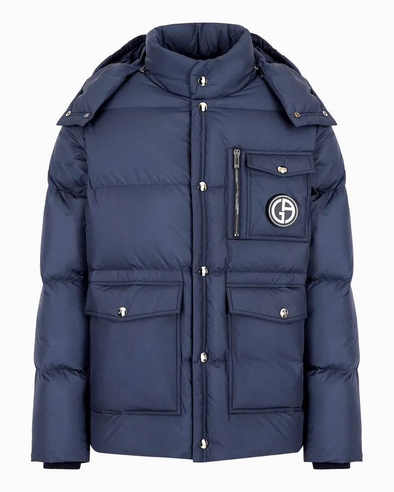 Giorgio Armani Mit nachhaltigen Gänsedaunen wattierte Bomberjacke mit Kapuze Marineblau