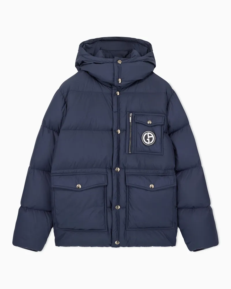 Giorgio Armani Mit nachhaltigen Gänsedaunen wattierte Bomberjacke mit Kapuze Marineblau