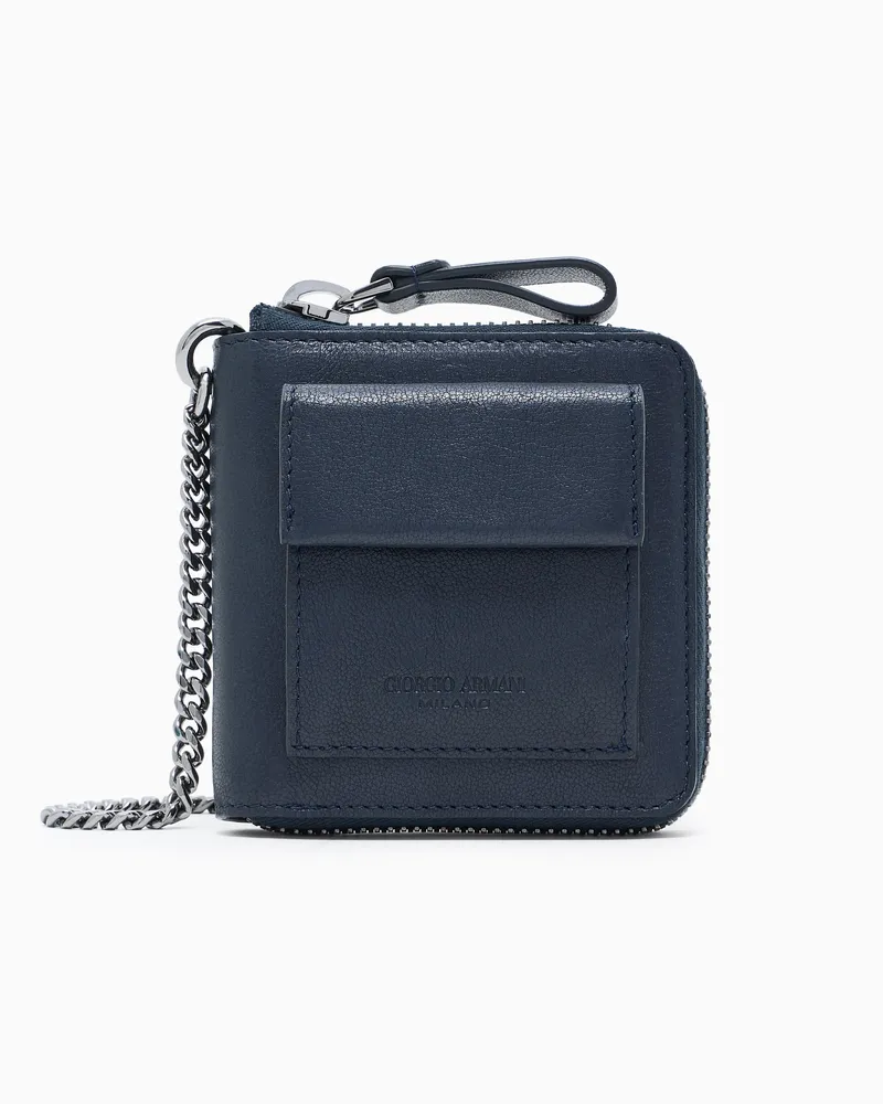 Giorgio Armani Portemonnaie aus genarbtem Nappaleder mit Vintage-Optik und Rundum-Reißverschluss Marineblau