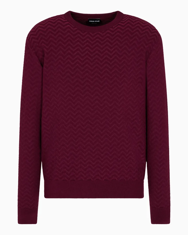Giorgio Armani Pullover mit Rundhalsausschnitt aus Schurwolle mit Fischgrat-Muster und Vanisé-Effekt Burgunderrot