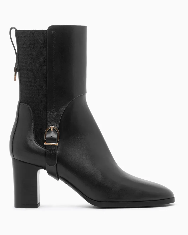 Giorgio Armani Boot Lederstiefeletten mit Blockabsatz und Metallschnalle Schwarz