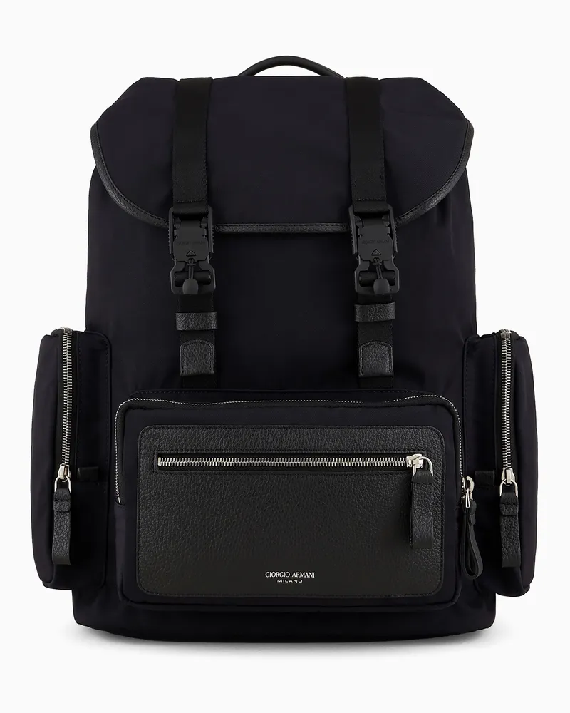 Giorgio Armani Rucksack aus recyceltem Nylon und genarbtem Leder Blau