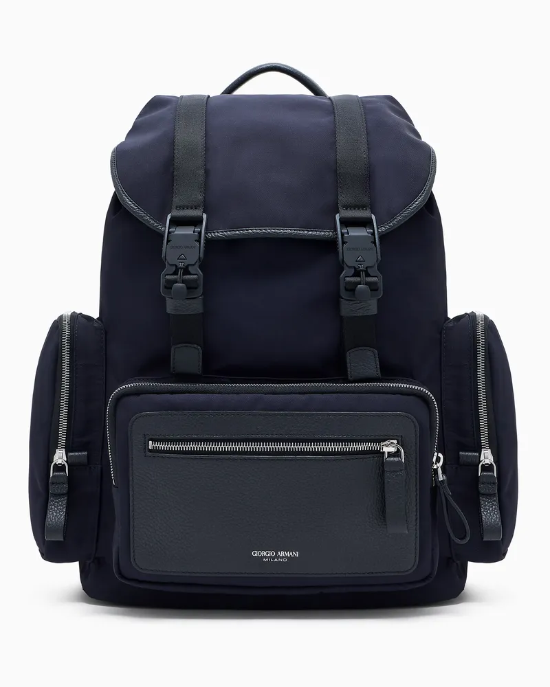 Giorgio Armani Rucksack aus recyceltem Nylon und genarbtem Leder Blau