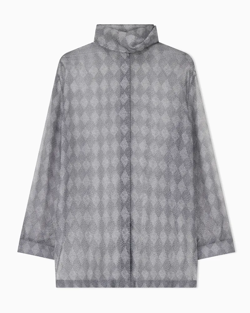 Giorgio Armani Bluse aus Seidenchiffon mit Rautenmuster und Stehkragen Grau