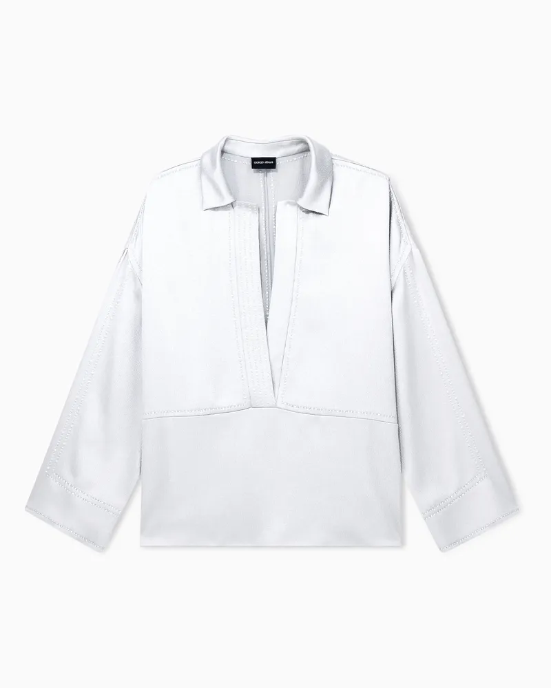 Giorgio Armani Shirt gehämmertes Satin mit tiefem v-Ausschnitt und Reliefmuster Weiß