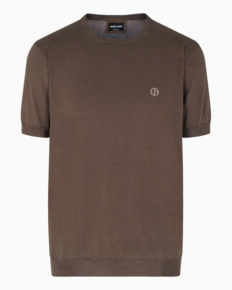 Giorgio Armani Kurzärmeliges Hemd aus Seide und Baumwolle Beige