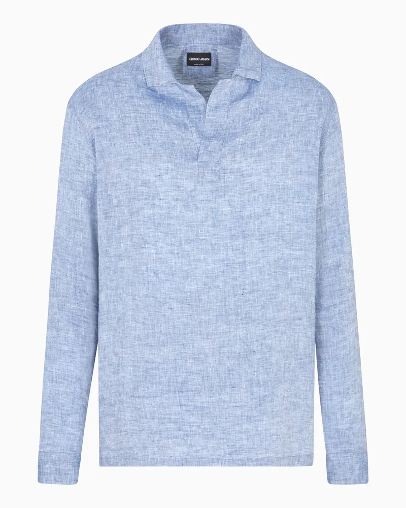 Giorgio Armani Poloshirt im Hemden-Stil, gefertigt aus reinem Leinen Hellblau