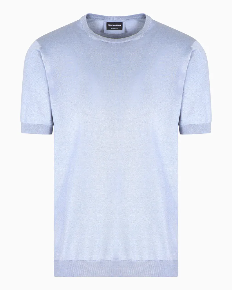 Giorgio Armani Pullover mit Rundhalsausschnitt und kurzen Ärmeln aus Seide und Baumwolle Hellblau