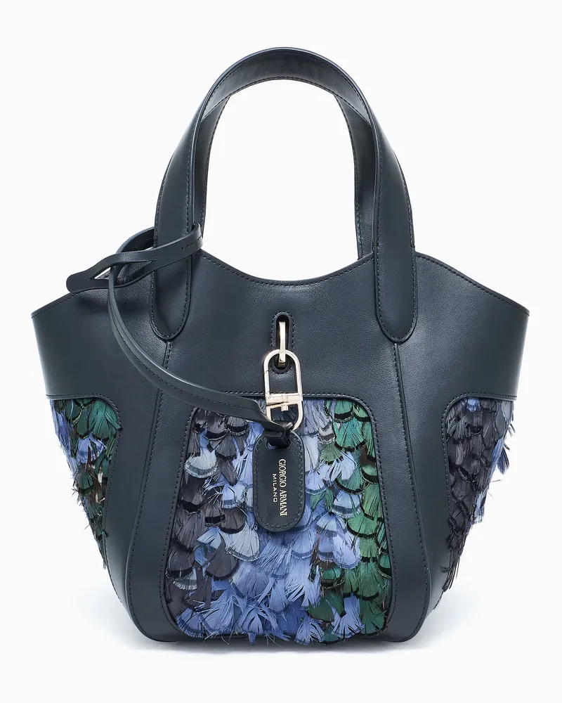 Giorgio Armani Kleine Handtasche aus glattem Leder und Federn Schwarz