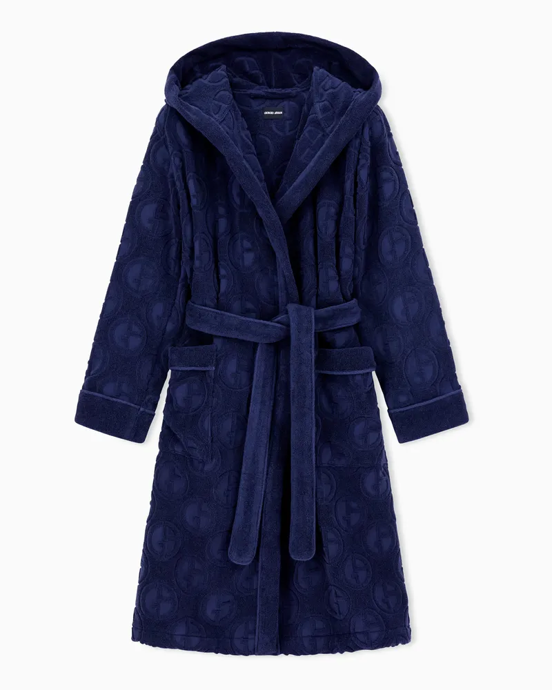 Giorgio Armani Bademantel aus Baumwollfrottee mit Monogramm Blau