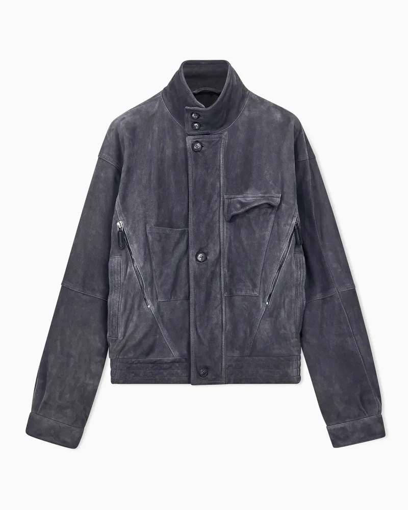 Giorgio Armani Wildlederblouson mit Stehkragen und Knopfverschluss Grau