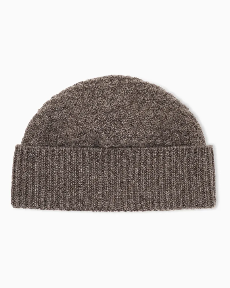 Giorgio Armani Beanie aus Kaschmir im Kästchenmuster mit Rippumschlag Braun