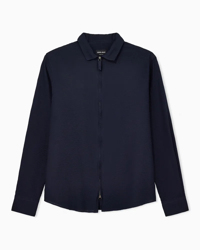 Giorgio Armani Hemd mit Reißverschluss aus Seersucker-Baumwolle Blau