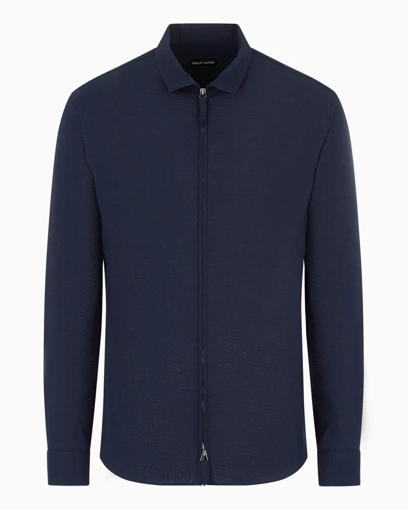 Giorgio Armani Hemd mit Reißverschluss aus Seersucker-Baumwolle Blau