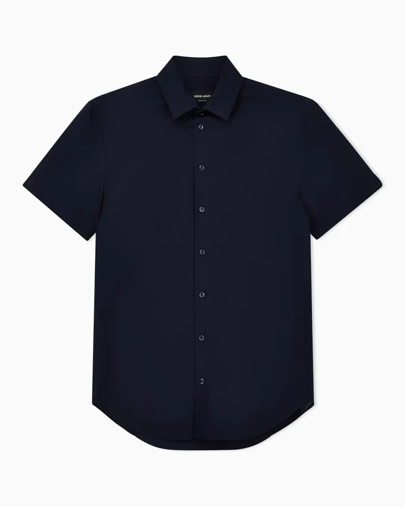 Giorgio Armani Kurzärmliges Hemd in Regular Fit aus Seersucker-Baumwolle Marineblau