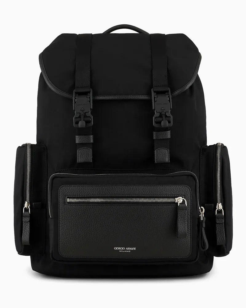 Giorgio Armani Rucksack aus recyceltem Nylon und genarbtem Leder Schwarz