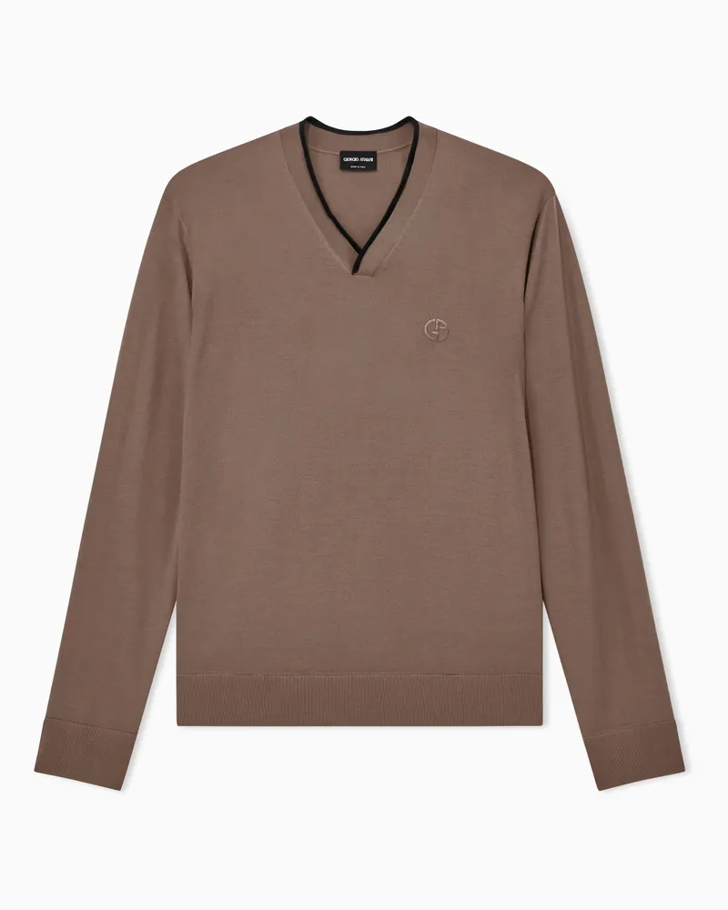 Giorgio Armani Pullover aus Schurwolle mit V-Ausschnitt und Rippbündchen Braun