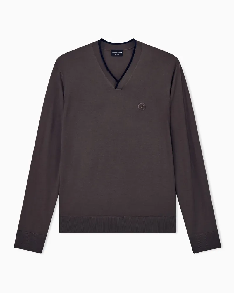 Giorgio Armani Pullover aus Schurwolle mit V-Ausschnitt und Rippbündchen Braun
